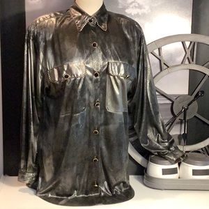 Vtg La Chine Classic Galinda Wang Liquid Metal Lame’ Black Silver Blouse Sz 10